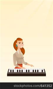 Young caucasian musician playing the piano. Smiling pianist playing the upright piano. Happy musician playing the synthesizer. Vector flat design illustration. Vertical layout.. Woman playing the piano vector illustration.