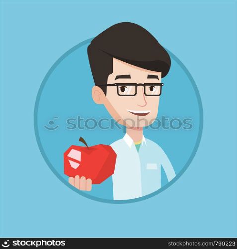 Young caucasian nutritionist prescribing diet and healthy eating. Nutritionist holding an apple. Nutritionist offering an apple. Vector flat design illustration in the circle isolated on background.. Nutritionist offering fresh red apple.