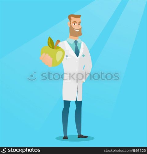 Young caucasian nutritionist prescribing diet and healthy eating. Smiling confident nutritionist holding an apple. Nutritionist offering fresh apple. Vector flat design illustration. Square layout. Nutritionist offering fresh apple.