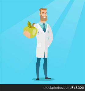 Young caucasian nutritionist prescribing diet and healthy eating. Smiling confident nutritionist holding an apple. Nutritionist offering fresh apple. Vector flat design illustration. Square layout. Nutritionist offering fresh apple.