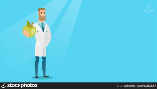 Young caucasian nutritionist prescribing diet and healthy eating. Smiling confident nutritionist holding an apple. Nutritionist offering fresh apple. Vector flat design illustration. Horizontal layout. Nutritionist offering fresh apple.