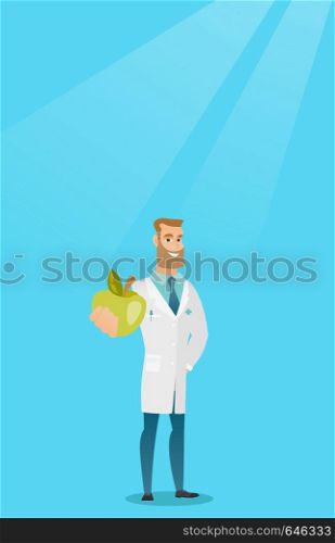 Young caucasian nutritionist prescribing diet and healthy eating. Smiling confident nutritionist holding an apple. Nutritionist offering fresh apple. Vector flat design illustration. Vertical layout.. Nutritionist offering fresh apple.