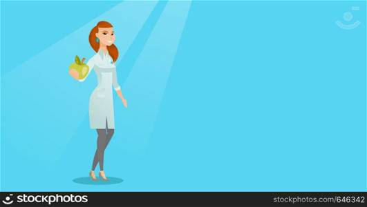 Young caucasian nutritionist prescribing diet and healthy eating. Smiling confident nutritionist holding an apple. Nutritionist offering fresh apple. Vector flat design illustration. Horizontal layout. Nutritionist offering fresh apple.