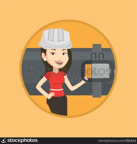 Young caucasian operator of oil refinery plant checking detector on pipeline. Technician standing on the background of pipeline. Vector flat design illustration in the circle isolated on background.. Operator checking detector on gas pipeline.