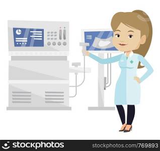Young caucasian operator of ultrasound scanning machine analyzing liver of patient. Female doctor working on modern ultrasound equipment. Vector flat design illustration isolated on white background.. Female ultrasound doctor vector illustration.