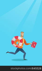 Young caucasian paramedic running to patients. Paramedic running with a first aid box. Emergency doctor running with a first aid box and a lifebuoy. Vector flat design illustration. Vertical layout.. Paramedic running with first aid box.