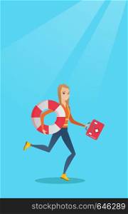 Young caucasian paramedic running to patients. Paramedic running with a first aid box. Emergency doctor running with a first aid box and a lifebuoy. Vector flat design illustration. Vertical layout.. Paramedic running with first aid box.