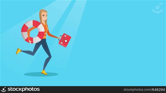 Young caucasian paramedic running to patients. Paramedic running with a first aid box. Emergency doctor running with a first aid box and a lifebuoy. Vector flat design illustration. Horizontal layout.. Paramedic running with first aid box.