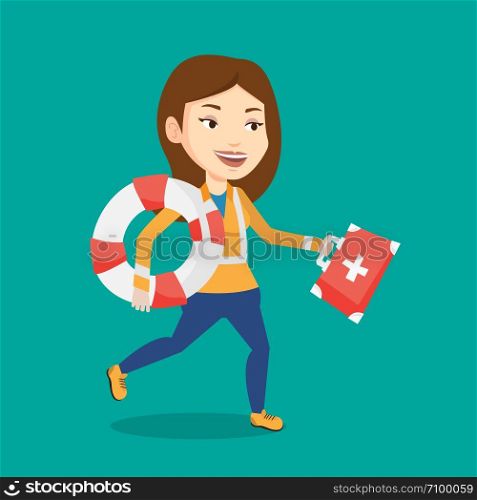 Young caucasian paramedic running to patients. Paramedic running with first aid box. Emergency doctor running with first aid box and lifebuoy. Vector flat design illustration. Square layout.. Paramedic running with first aid box.