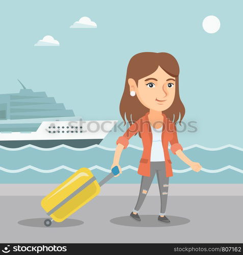 Young caucasian passenger walking on the background of cruise liner. Smiling happy passenger with a suitcase goes to a cruise liner along the station. Vector cartoon illustration. Square layout.. Passenger goes to the cruise liner with a suitcase