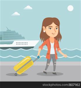 Young caucasian passenger walking on the background of cruise liner. Smiling happy passenger with a suitcase goes to a cruise liner along the station. Vector cartoon illustration. Square layout.. Passenger goes to the cruise liner with a suitcase
