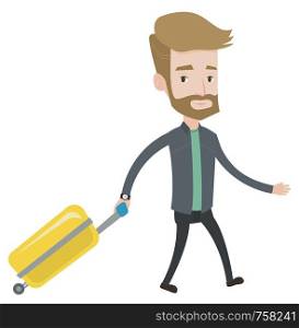 Young caucasian passenger with suitcase. A hipster man with the beard walking with suitcase. Tourist pulling his suitcase. Vector flat design illustration isolated on white background.. Passenger walking with suitcase.