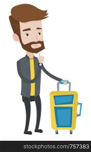 Young caucasian passenger with suitcase. A hipster passenger with the beard standing with suitcase. Thoughtful passenger with suitcase. Vector flat design illustration isolated on white background.. Thoughtful passenger with suitcase.
