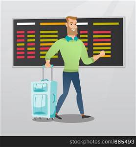 Young caucasian passenger with suitcase walking on the background of schedule board at the airport. Hipster man with beard pulling suitcase at the airport. Vector cartoon illustration. Square layout.. Caucasian man walking with suitcase at the airport