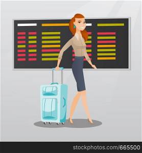 Young caucasian passenger with suitcase walking on the background of schedule board at the airport. Cheerful business woman pulling suitcase at the airport. Vector cartoon illustration. Square layout.. Caucasian woman walking with suitcase at airport.