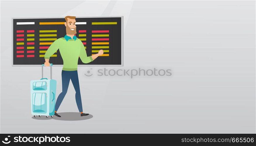 Young caucasian passenger with suitcase walking on the background of schedule board at the airport. Hipster man with beard pulling suitcase at airport. Vector cartoon illustration. Horizontal layout.. Caucasian man walking with suitcase at the airport