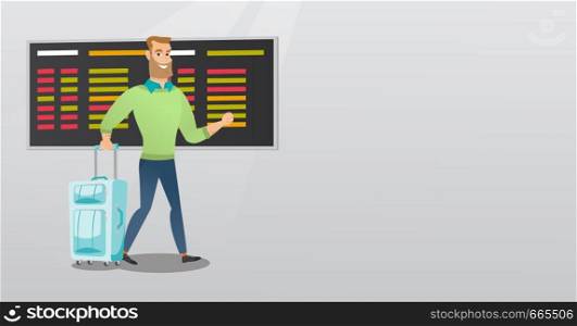 Young caucasian passenger with suitcase walking on the background of schedule board at the airport. Hipster man with beard pulling suitcase at airport. Vector cartoon illustration. Horizontal layout.. Caucasian man walking with suitcase at the airport