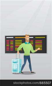 Young caucasian passenger with suitcase walking on the background of schedule board at the airport. Hipster man with beard pulling suitcase at the airport. Vector cartoon illustration. Vertical layout. Caucasian man walking with suitcase at the airport