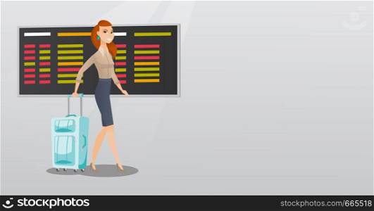 Young caucasian passenger with suitcase walking on the background of schedule board at the airport. Cheerful woman pulling suitcase at the airport. Vector cartoon illustration. Horizontal layout.. Caucasian woman walking with suitcase at airport.