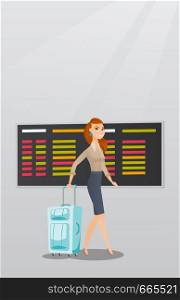 Young caucasian passenger with suitcase walking on the background of schedule board at the airport. Happy business woman pulling suitcase at the airport. Vector cartoon illustration. Vertical layout.. Caucasian woman walking with suitcase at airport.