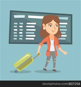 Young caucasian passenger with suitcase walking on the background of schedule board at the airport. Cheerful business woman pulling suitcase at the airport. Vector cartoon illustration. Square layout.. Caucasian woman walking with suitcase at airport.