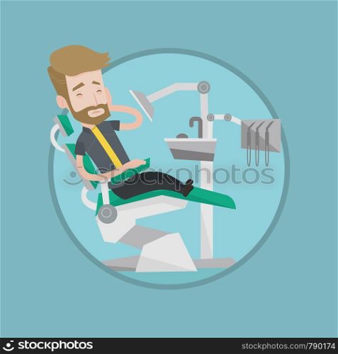 Young caucasian patient visiting dentist because of toothache. Sad man suffering from toothache. Hipster man having a toothache. Vector flat design illustration in the circle isolated on background.. Man suffering from toothache in dental chair.