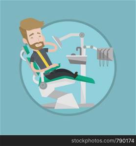 Young caucasian patient visiting dentist because of toothache. Sad man suffering from toothache. Hipster man having a toothache. Vector flat design illustration in the circle isolated on background.. Man suffering from toothache in dental chair.