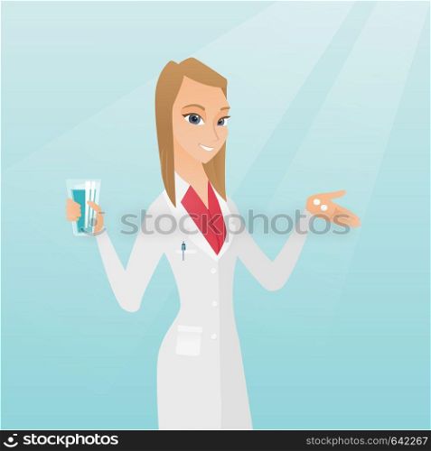 Young caucasian pharmacist holding a glass of water and pills in hands. Smiling female pharmacist in medical gown. Female pharmacist giving medication. Vector flat design illustration. Square layout.. Pharmacist giving pills and a glass of water.