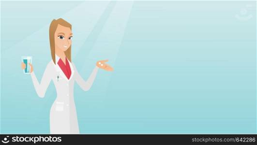 Young caucasian pharmacist holding a glass of water and pills in hands. Smiling pharmacist in medical gown. Female pharmacist giving medication. Vector flat design illustration. Horizontal layout.. Pharmacist giving pills and a glass of water.
