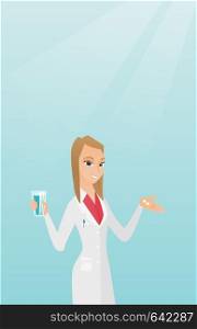 Young caucasian pharmacist holding a glass of water and pills in hands. Smiling female pharmacist in medical gown. Female pharmacist giving medication. Vector flat design illustration. Vertical layout. Pharmacist giving pills and a glass of water.