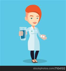 Young caucasian pharmacist holding a glass of water and pills in hands. Smiling female pharmacist in medical gown. Female pharmacist giving medication. Vector flat design illustration. Square layout.. Pharmacist giving pills and glass of water.