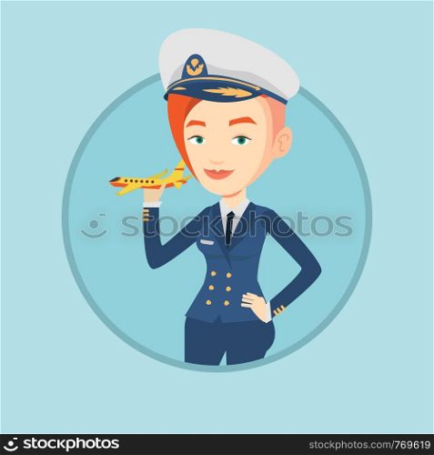 Young caucasian pilot holding a model of airplane in hand. Cheerful airline pilot in uniform. Smiling pilot with model of airplane. Vector flat design illustration in the circle isolated on background. Cheerful airline pilot with model airplane.