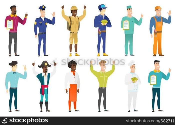 Young caucasian policeman waving his hand. Full length of policeman waving hand. Policeman making greeting gesture - waving hand. Set of vector flat design illustrations isolated on white background.. Vector set of professions characters.