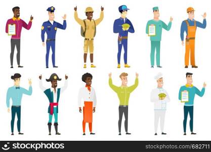 Young caucasian policeman waving his hand. Full length of policeman waving hand. Policeman making greeting gesture - waving hand. Set of vector flat design illustrations isolated on white background.. Vector set of professions characters.