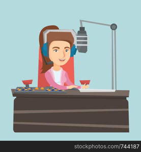 Young caucasian radio host working in front of microphone and mixing console at radio studio. Radio host in headset using sound mixer at radio studio. Vector cartoon illustration. Square layout.. Young female caucasian dj working on radio.