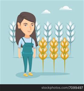 Young caucasian rancher standing on the background of wheat field. Smiling rancher working in a wheat field. Cheerful rancher checking wheat harvest. Vector cartoon illustration. Square layout.. Young caucasian farmer standing in a wheat field.