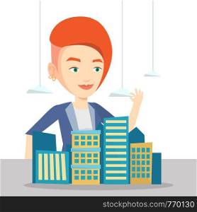 Young caucasian real estate agent presenting a model of city. Sales manager working with a project of a new modern district of the city. Vector flat design illustration isolated on white background.. Real estate agent presenting city model.