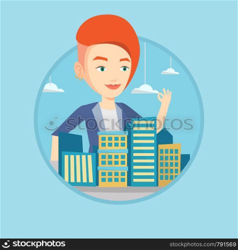 Young caucasian real estate agent presenting a model of city. Sales manager working with a project of a new district of the city. Vector flat design illustration in the circle isolated on background.. Real estate agent presenting city model.