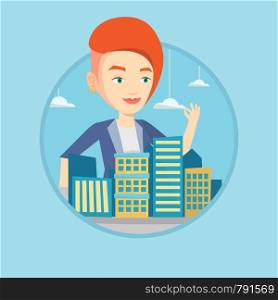Young caucasian real estate agent presenting a model of city. Sales manager working with a project of a new district of the city. Vector flat design illustration in the circle isolated on background.. Real estate agent presenting city model.