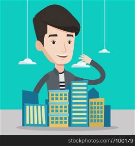 Young caucasian real estate agent presenting a model of city with clouds. Sales manager working with a project of a new modern district of the city. Vector flat design illustration. Square layout.. Real estate agent presenting city model.