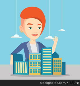 Young caucasian real estate agent presenting a model of city with clouds. Sales manager working with a project of a new modern district of the city. Vector flat design illustration. Square layout.. Real estate agent presenting city model.