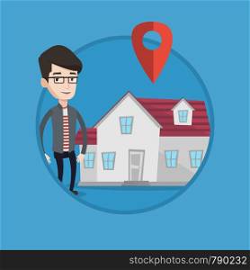 Young caucasian real estate agent standing on a background of map pointer above the house. Happy real estate agent offering house. Vector flat design illustration in the circle isolated on background.. Realtor on background of house with map pointer.