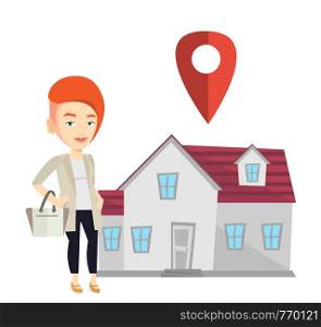 Young caucasian real estate agent standing on the background of map pointer above the house. Female real estate agent offering the house. Vector flat design illustration isolated on white background.. Realtor on background of house with map pointer.