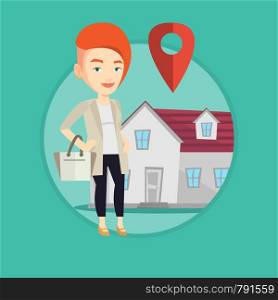 Young caucasian real estate agent standing on the background of map pointer above the house. Real estate agent offering the house. Vector flat design illustration in the circle isolated on background.. Realtor on background of house with map pointer.