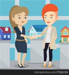 Young caucasian realtor shaking hand to female customer after real estate deal in office. Conclusion of real estate deal between realtor and buyer. Vector flat design illustration. Square layout.. Agreement between real estate agent and buyer.