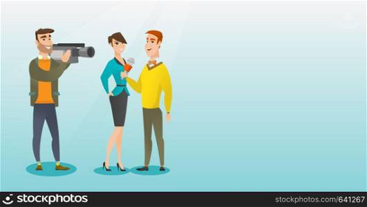 Young caucasian reporter with a microphone presenting news. Operator filming an interview. Journalist making an interview with a businesswoman. Vector flat design illustration. Horizontal layout.. TV interview vector illustration.