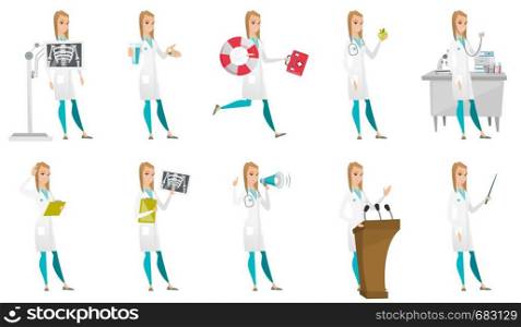 Young caucasian roentgenologist doctor during chest x ray procedure. Roentgenologist doctor with x ray screen showing her skeleton. Set of vector flat design illustrations isolated on white background. Vector set of doctor characters.