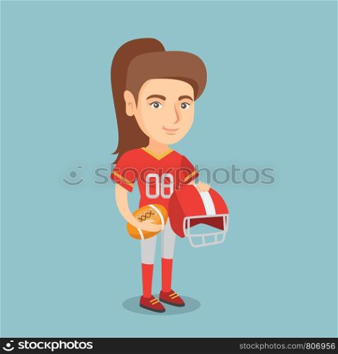 Young caucasian rugby player holding a ball and a helmet in hands. Full length of rugby player in uniform. Sport and leisure concept. Vector cartoon illustration. Square layout.. Young caucasian female rugby player.