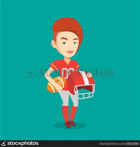 Young caucasian rugby player holding ball and helmet in hands. Young smiling female rugby player in uniform. Vector flat design illustration. Square layout.. Rugby player vector illustration.