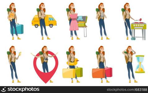 Young caucasian sad female tourist carrying heavy suitcases. Full length of disappointed female tourist holding two big suitcases. Set of vector flat design illustrations isolated on white background.. Vector set with traveler characters.